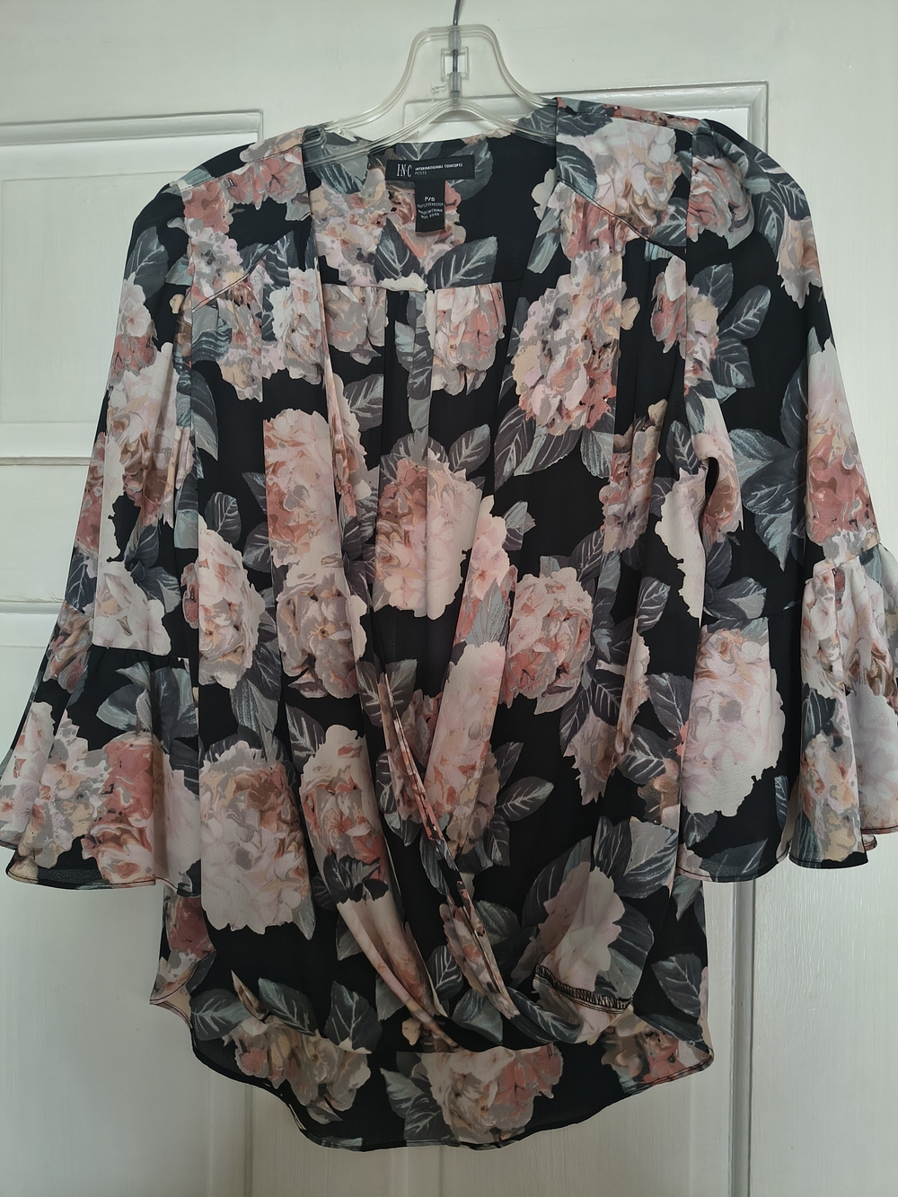 INC International Concepts Black Floral Wrap Blouse